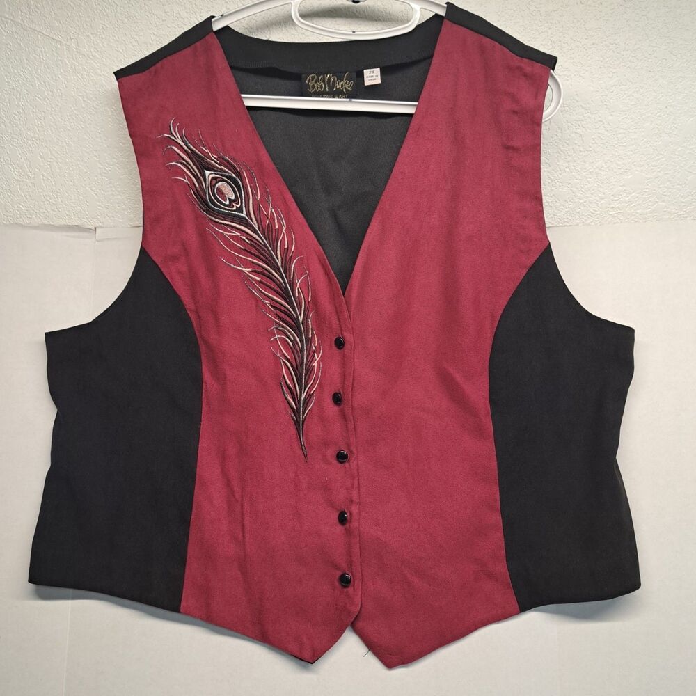 Bob Mackie Wearable Art Rouge Black Embroidered Peacock Feather Vest Size 2XL - Picture 1 of 8